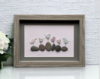 Six Sea Glass Birds on Rocks Family Portrait Pebble Art