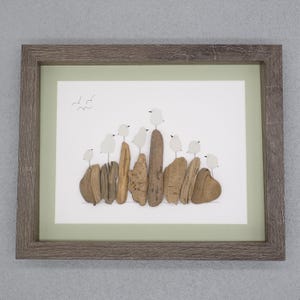 Eight White Sea Glass Birds on Driftwood - Sea Glass Art Picture - Upcycled Art