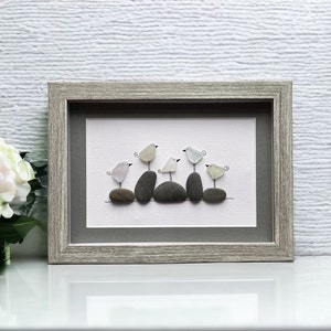 Five Sea Glass Birds on Rocks Family Portrait Pebble Art