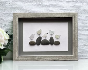 Five Sea Glass Birds on Rocks Family Portrait Pebble Art