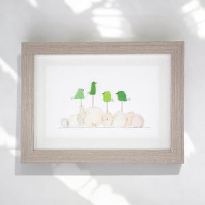 Sea Glass Birds on Coral and Shells - Sea Glass Art Picture -Upcycled Art