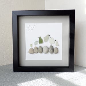 Six Green & Grey Sea Glass Birds on Beach Rocks - Sea Glass Art Picture - Upcycled Art