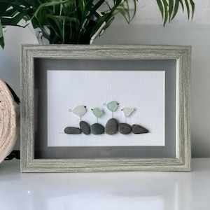 Four Sea Glass Birds on Rocks Family Portrait Pebble Art