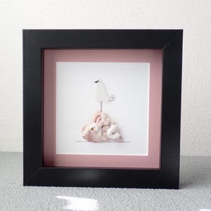 Two Sea Glass Birds on Shells - Sea Glass Art Picture - Upcycled Art