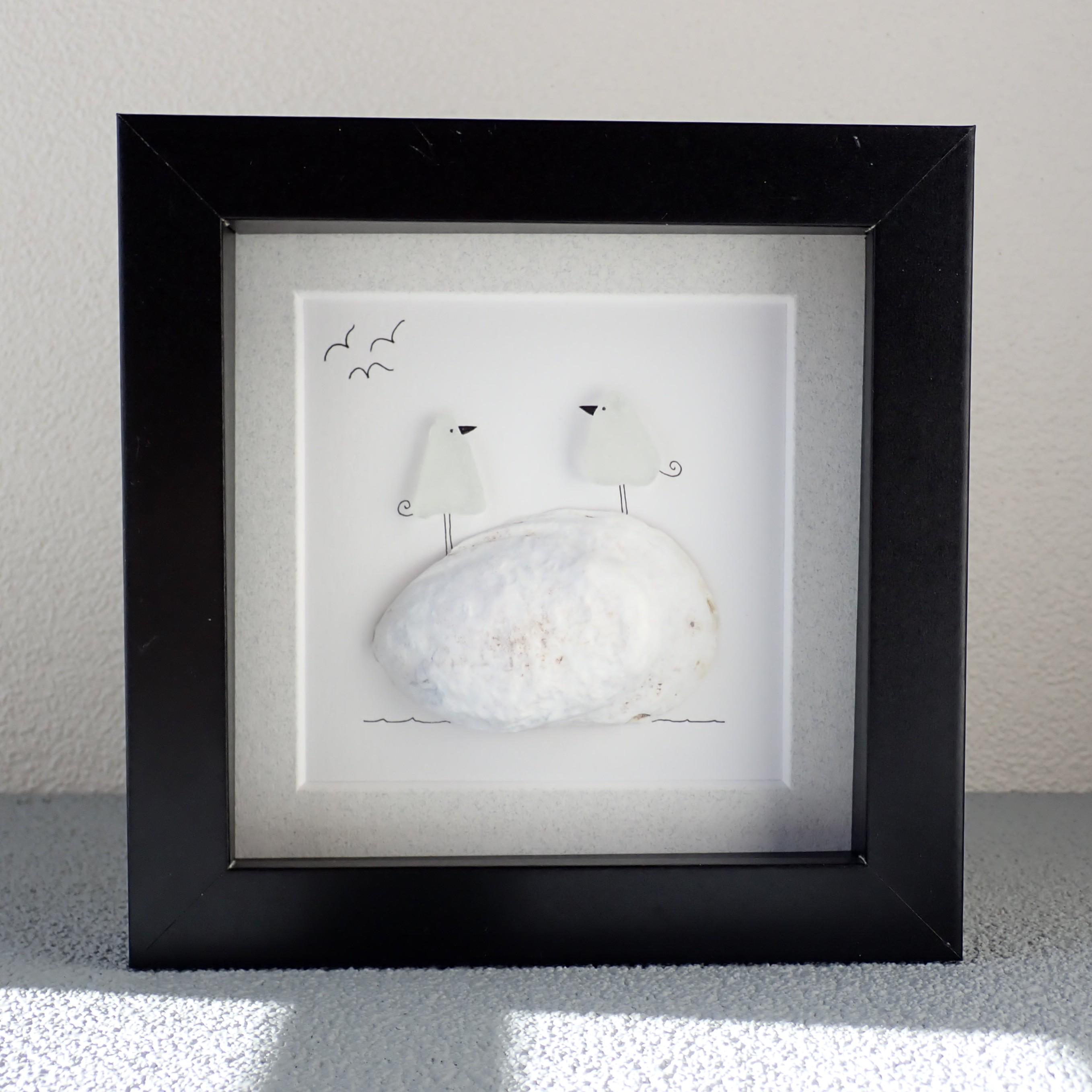 Two Sea Glass Birds on a Shell - Sea Glass Art Picture - Upcycled Art