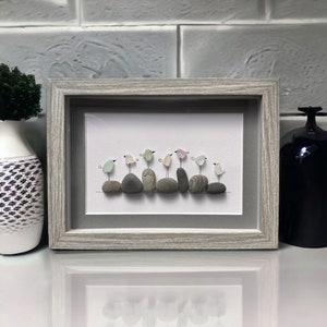 Seven Sea Glass Birds on Rocks Family Portrait Pebble Art