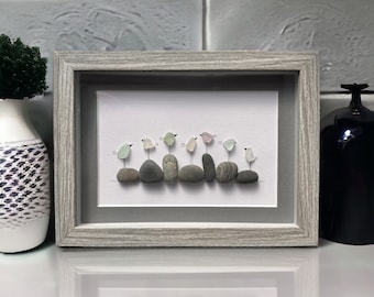 Seven Sea Glass Birds on Rocks Family Portrait Pebble Art