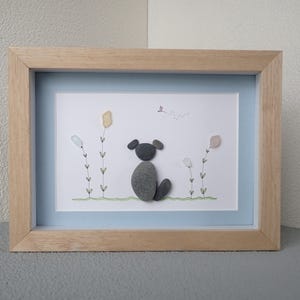 Beach Pebble Dog in a Sea Glass Garden - Sea Glass Art Picture - Upcycled Art