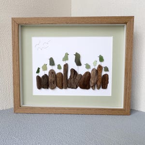 Ten Green Sea Glass Birds on Driftwood - Sea Glass Art Picture - Upcycled Art
