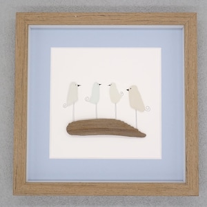 Four Sea Glass Birds on Driftwood - Sea Glass Art Picture - Upcycled Art