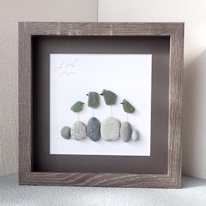 Four Green Sea Glass Birds on Beach Rocks - Sea Glass Art Picture - Upcycled Art
