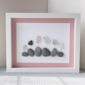 Six Colorful Sea Glass Birds on Rocks - Sea Glass Art Picture - Upcycled Art