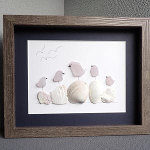 Five Purple Sea Glass Birds on Shells - Sea Glass Art Picture - Upcycled Art