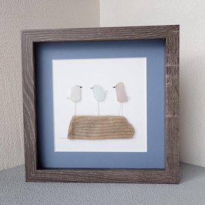 Three Colorful Sea Glass Birds on Driftwood - Sea Glass Art Picture - Upcycled Art
