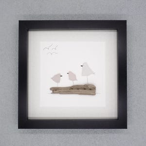 Three Sea Glass Birds on Driftwood - Sea Glass Art Picture - Upcycled Art
