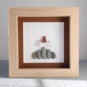 Three Sea Glass Birds on Rocks - Sea Glass Art Picture - Upcycled Art