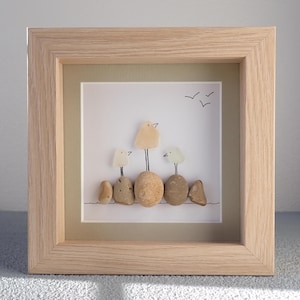 Three Yellow Sea Glass Birds on Rocks - Sea Glass Art Picture - Upcycled Art