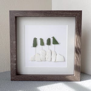 Four Green Sea Glass Birds on Washed Clam Shells - Sea Glass Art Picture - Upcycled Art
