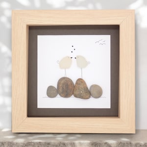 Sea Glass Love Birds On Rocks - Sea Glass Art Picture -Upcycled Art