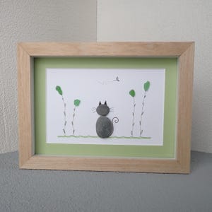 Beach Pebble Cat in a Green Sea Glass Garden - Sea Glass Art Picture - Upcycled Art