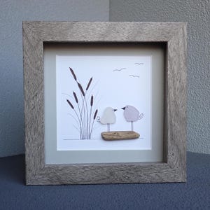 Sea Glass Birds on Driftwood with Cattails - Sea Glass Art Picture - Upcycled Art