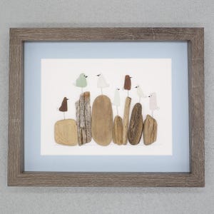 Seven Colorful Sea Glass Birds on Driftwood - Sea Glass Art Picture - Upcycled Art