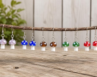 Tiny Mushroom Earrings | Glass Charm Earrings with Nickel-Free Stainless Steel Hooks