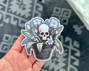 Skull Flower Pot Sticker: Waterproof Vinyl Decal