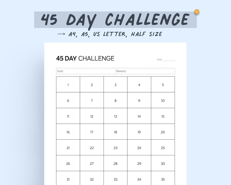 45 Day Challenge Goal Tracker Printable Planner Page Progress Tracker