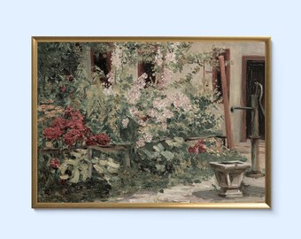 vintage spring garden print | muted spring painting wall art | antique cottage landscape wall decor print | digital download