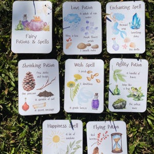 May include: Nine square cards with watercolor illustrations of potions and spells. The cards include text such as "Fairy Potions & Spells", "Love Potion", "Enchanting Spell", "Shrinking Potion", "Wish Spell", "Agility Potion", "Happiness Spell", and "Flying Potion".