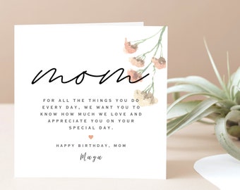 Personalised Mother Birthday Card To Let Mom Know How Much She Means to You on Her Birthday, Featuring Message 'We Love and Appreciate You'
