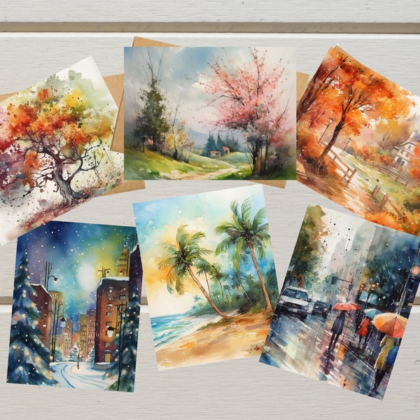 Aquarell Ganzjahres-Notizkarten-Sammlung. Palette der Jahreszeiten: Reise durch die sich ständig verändernde Schönheit der Natur mit handgefertigten Karten.