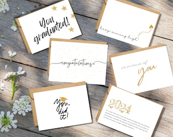 6 Classy Graduation Cards Set. A Collection of Simple Yet Luxurious Minimalist 2024 Graduation Congratulation Cards in Gold Glitter Style.
