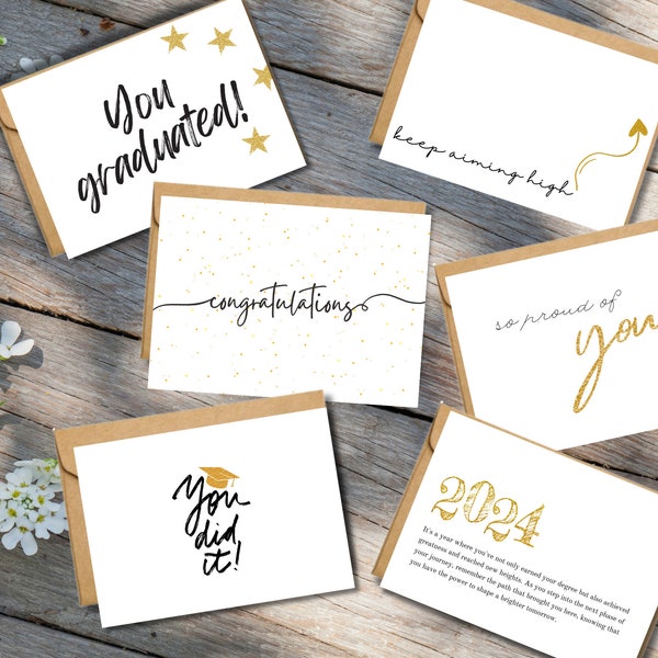 6 Classy Graduation Cards Set. A Collection of Simple Yet Luxurious Minimalist 2024 Graduation Congratulation Cards in Gold Glitter Style.