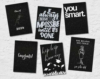 6 Black Glitter Graduation Cards Set. Collection of Elegant Minimalist 2024 Graduation Congratulations Cards in Classy Black Glitter Style.