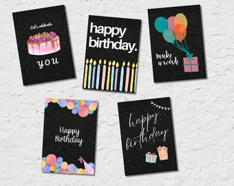 5 Black Glitter Happy Birthday Cards Set. Collection of Premium Birthday Wishes Cards in Black Glitter Style with Watercolor Accents