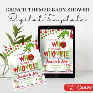 Grinch Themed Baby Shower Invitation | Editable Canva Template | Digital Download