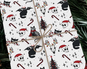 Spooky Christmas Wrapping Paper, Witchy Holiday Wrapping, Festive Skeleton Gift Wrap, Goth Christmas, Creepy Christmas, Skull Gift Wrap