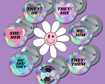 Y2K Aesthetic Pronoun Pins, They He, They She, They Them, He She They, He Him, She Her, Ask About My Pronouns, LGBTQ Pride Pins Custom