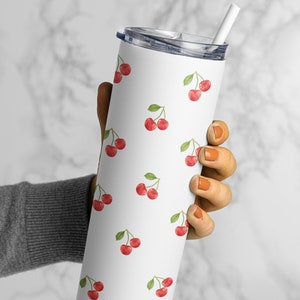 Cherry Print Skinny Tumbler with Straw, Cute Coquette Cherry Tumbler, Cherry Decor, Cherry Gifts, Coquette Accessories, Cherry Lovers Gift
