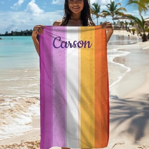 Lesbian Pride Custom Beach Towel, Personalized Towels, Lesbian Gifts for Her, Pride Flag Towel, Subtle Pride Merch, LGBTQ, Queer Apparel