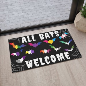 Halloween Bats Inclusive Doormat, Trick or Treat Welcome Mat, Halloween Porch Decor, All Are Welcome, LGBTQ Pride Ally, Bat Decorations