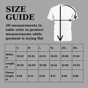 May include: Size guide table for a t-shirt with measurements in inches for width, length, and sleeve length. Sizes include S, M, L, XL, 2XL, and 3XL.