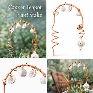 Decorative Copper Plant Stake with Teapot Charms – Garden Suncatcher – Whimsical Fairy Garden Decor – Succulent Pot Ornament Electroculture