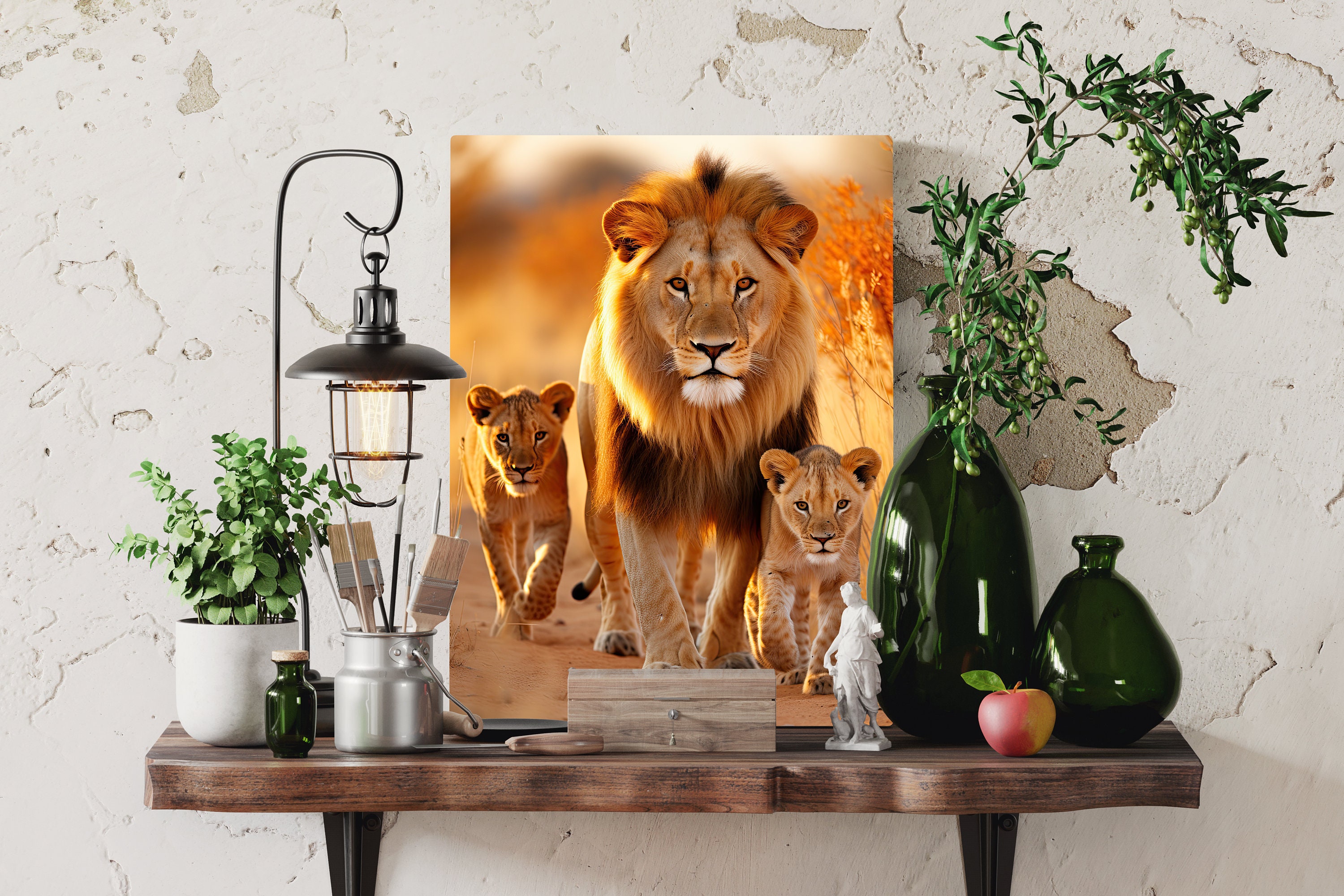 Lion Family Art Print | Golden Tropland Animal Poster (digital