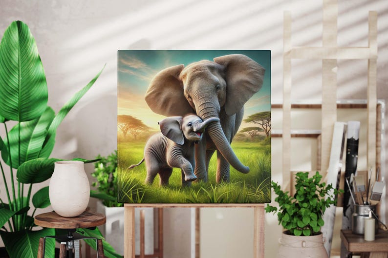 Adorable Elephant and Baby Wall Art Perfect Safari Decor & Elephant