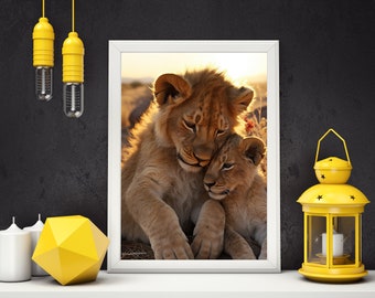 Family Comes First: Museum-Grade Poster  | Lion Poster | Lion King | Lion and Cub Art | Animal Poster | Modern Wall Art | Family Art