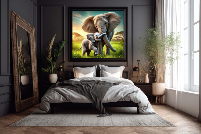 Adorable Elephant and Baby Wall Art Perfect Safari Decor & Elephant