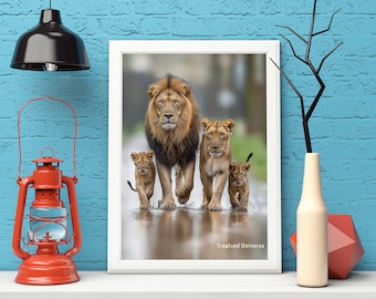 Royal Family: Museum-Grade Poster  | Lion Poster | Lion King | Lion and Cub Art | Animal Poster | Modern Wall Art | Family Art